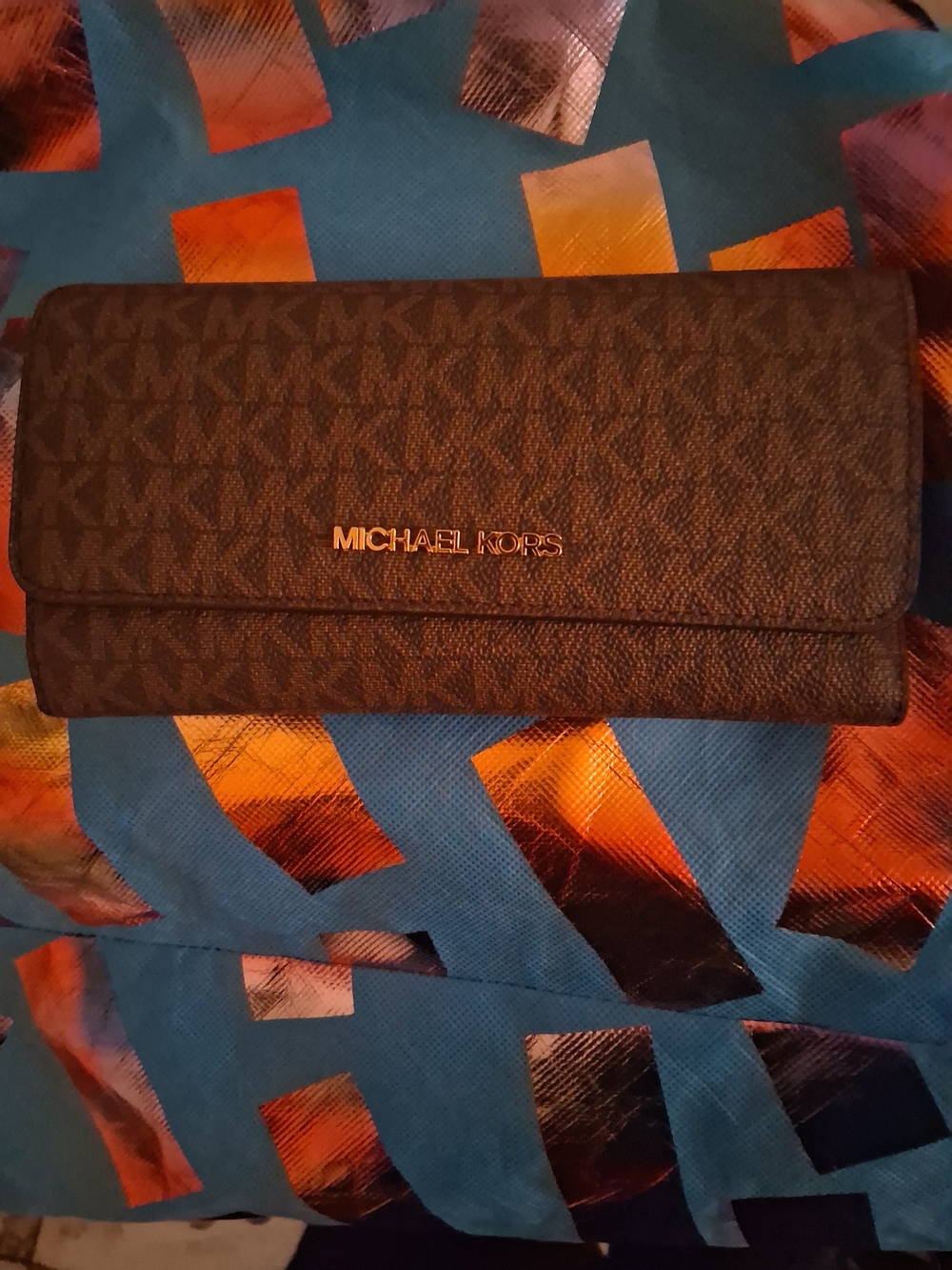 Michael Kors Brown MK Logo Continental Wallet with Gold Logo